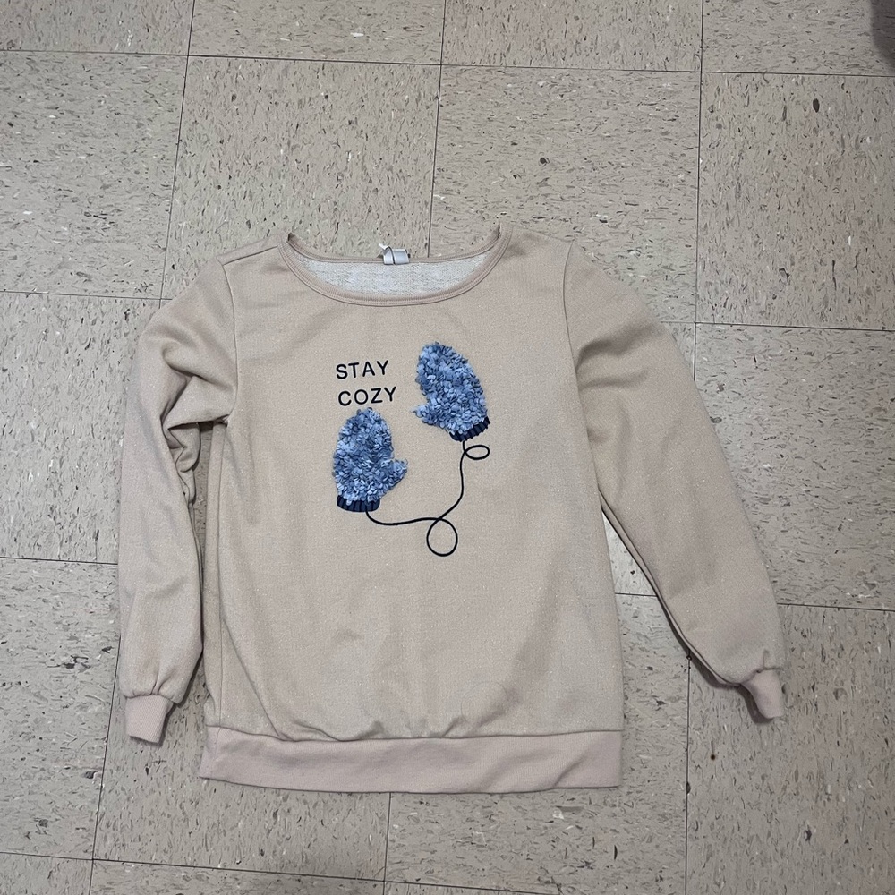 Playful Tan and Blue Crew Neck Sweater with Whimsical Design